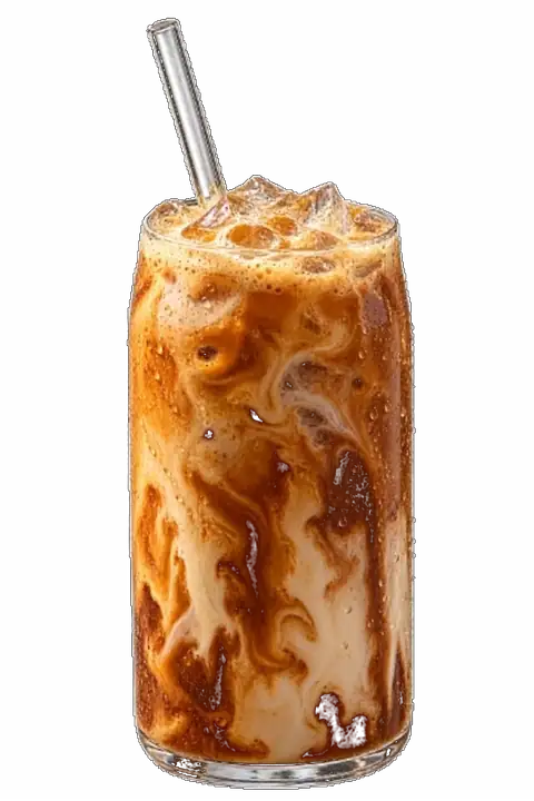 Iced latte de Lúcido en un vaso alto con pajita de cristal.
